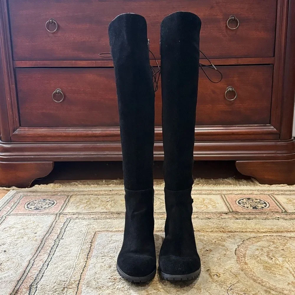 Michael Kors Skye Women’s Sz 6M Black Suede Rear Lace Zip Over-the-Knee Boots